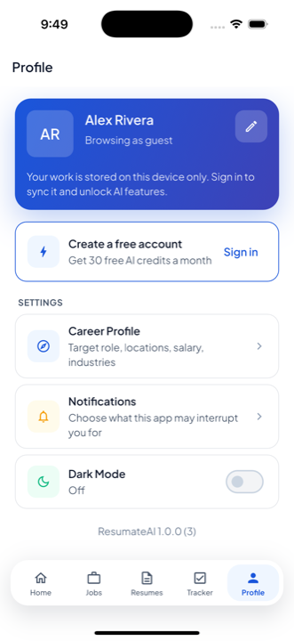 The Profile screen in ResumateAI stating that work is stored on this device only