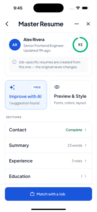 The Master Resume screen in ResumateAI, scoring 93, with its sections listed