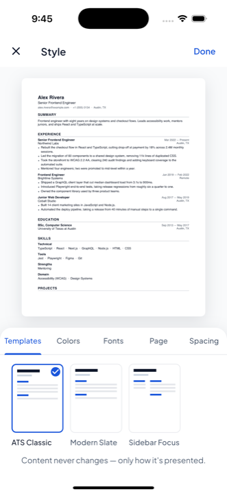 A resume in ResumateAI showing summary, experience and skills sections